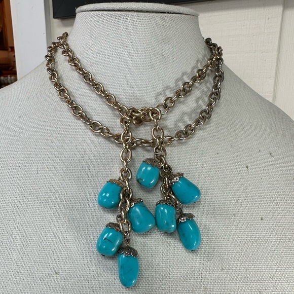 Long lariat style necklace with blue abstract bead dangles - Picture 3 of 5